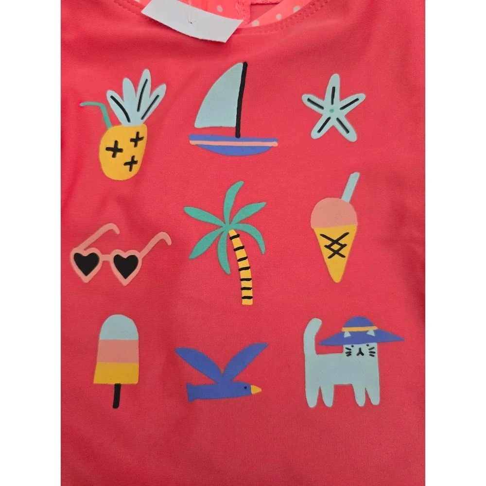 Cat & Jack Toddler Girls Coral Pink Summer Graphic Ruffle Swimsuit 2T